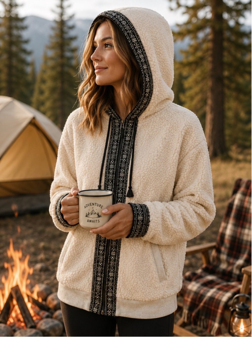American Eagle Outfitters Cream Sherpa Zip-Up with Black Pattern Trim Size XL